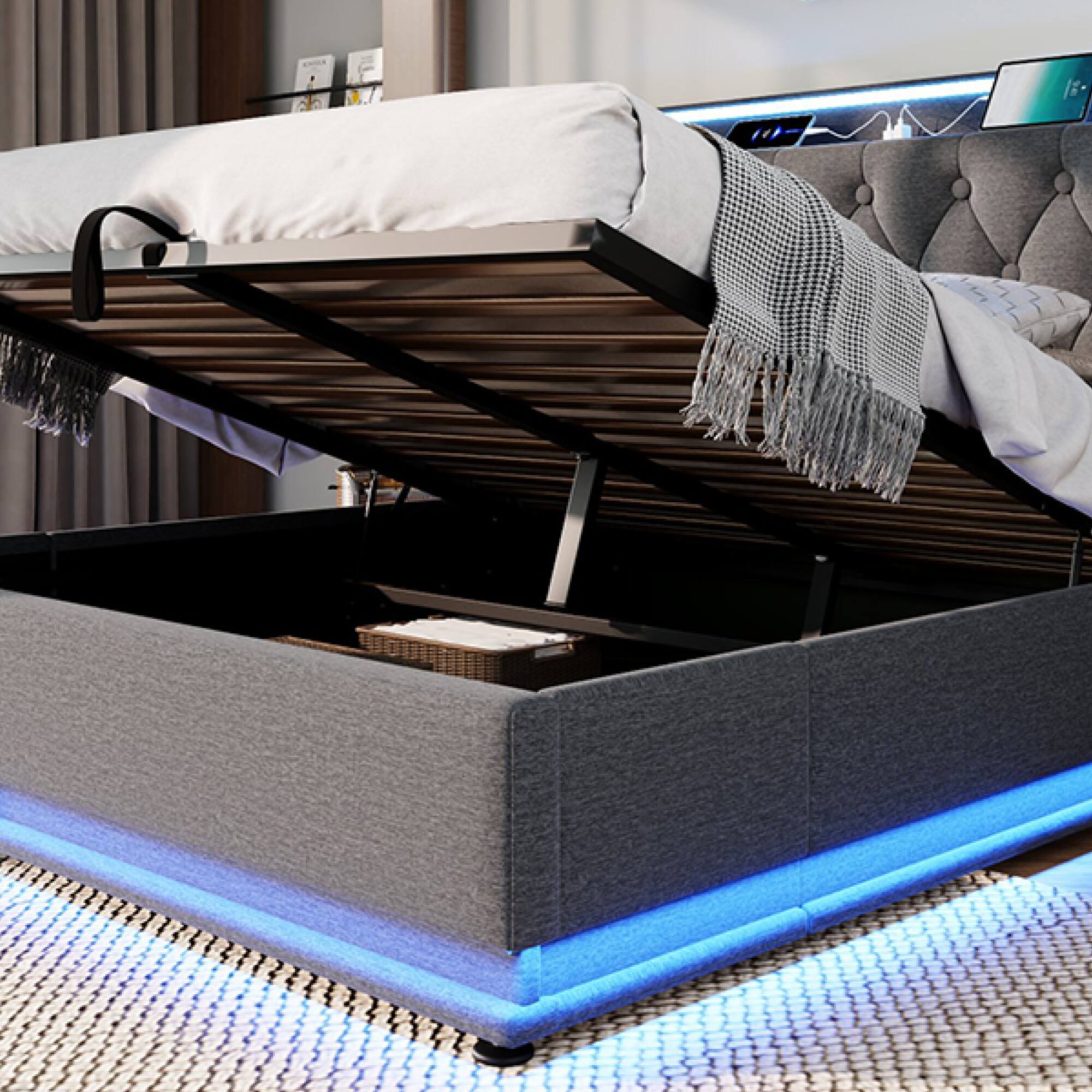 Alt View 2. GOODSILO - Queen Size Upholstered LED Bed with Hydraulic Storage and USB Charging - Gray.