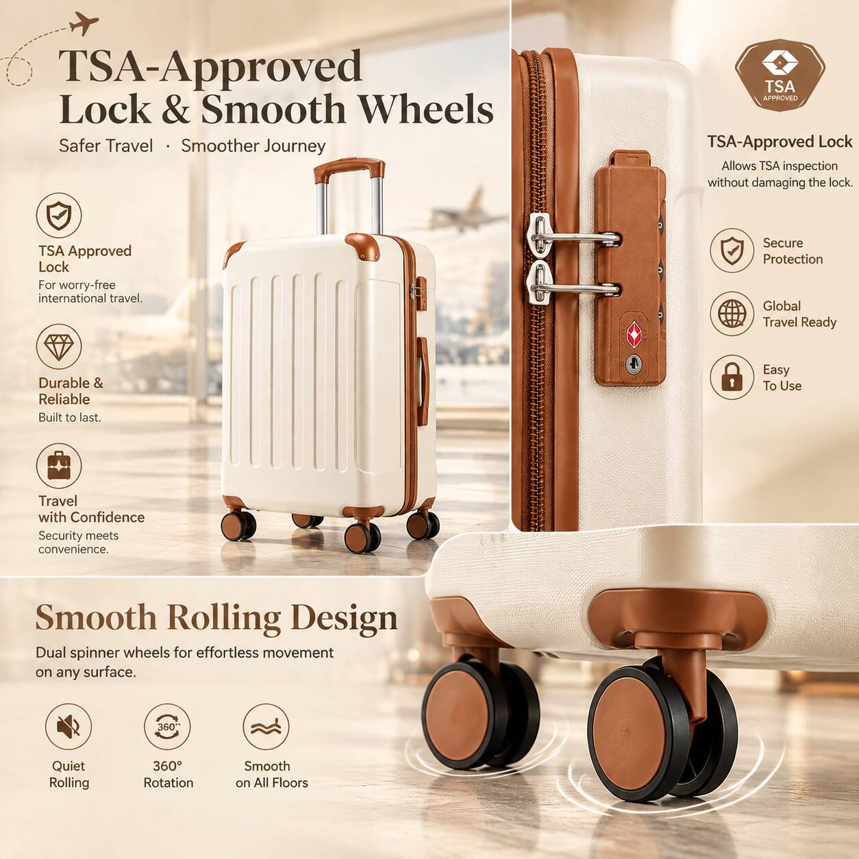 TSA-Approved Lock & Smooth Wheels  
Safer Travel · Smoother Journey

TSA Approved  
Lock  
For worry-free international travel.

Durable & Reliable  
Built to last.

Travel with Confidence  
Security meets convenience.

Smooth Rolling Design  
Dual spinner wheels for effortless movement on any surface.

Quiet Rolling  
360° Rotation  
Smooth on All Floors

TSA-Approved Lock  
Allows TSA inspection without damaging the lock.

Secure Protection  
Global Travel Ready  
Easy To Use