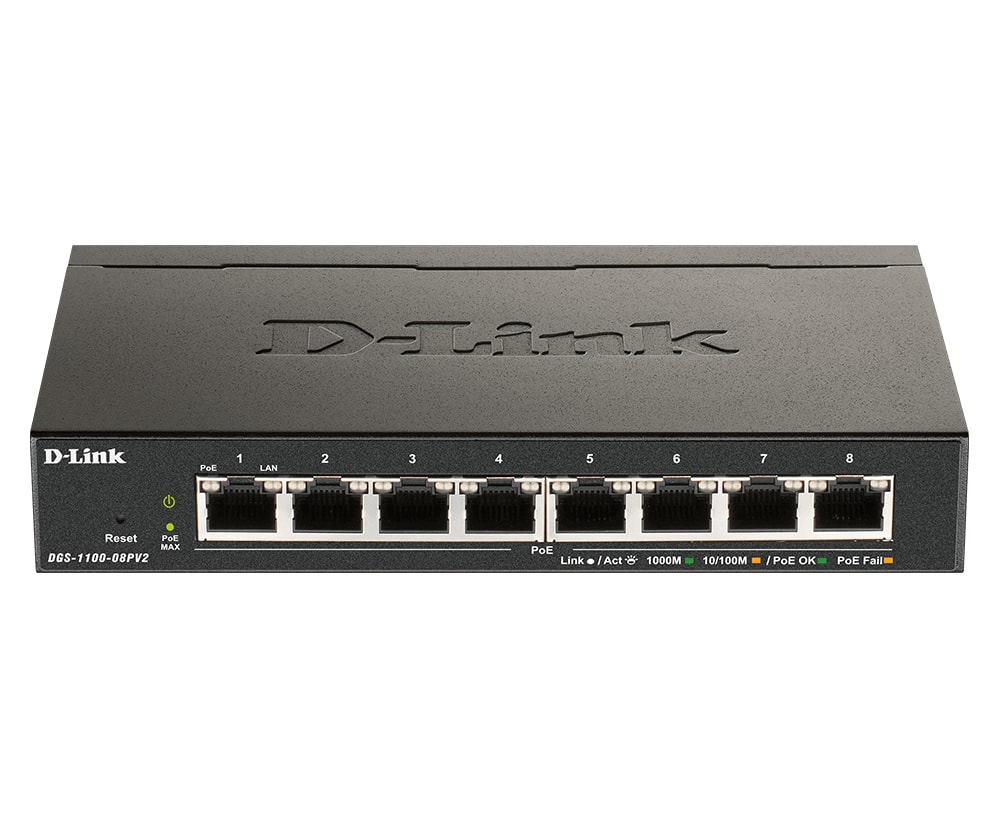 D-Link - DGS-1100-08PV2 network switch Managed L2/L3 Gigabit Ethernet (10/100/1000) Power over Ethernet (PoE) Black
