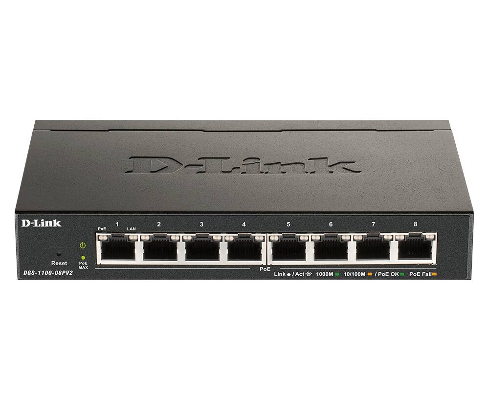 D-Link  
PoE  
1  
LAN  
2  
3  
4  
5  
6  
7  
8  
Reset  
PoE MAX  
DGS-1100-08PV2  
PoE Link / Act  
1000M 10/100M  
/ PoE OK  
PoE Fail