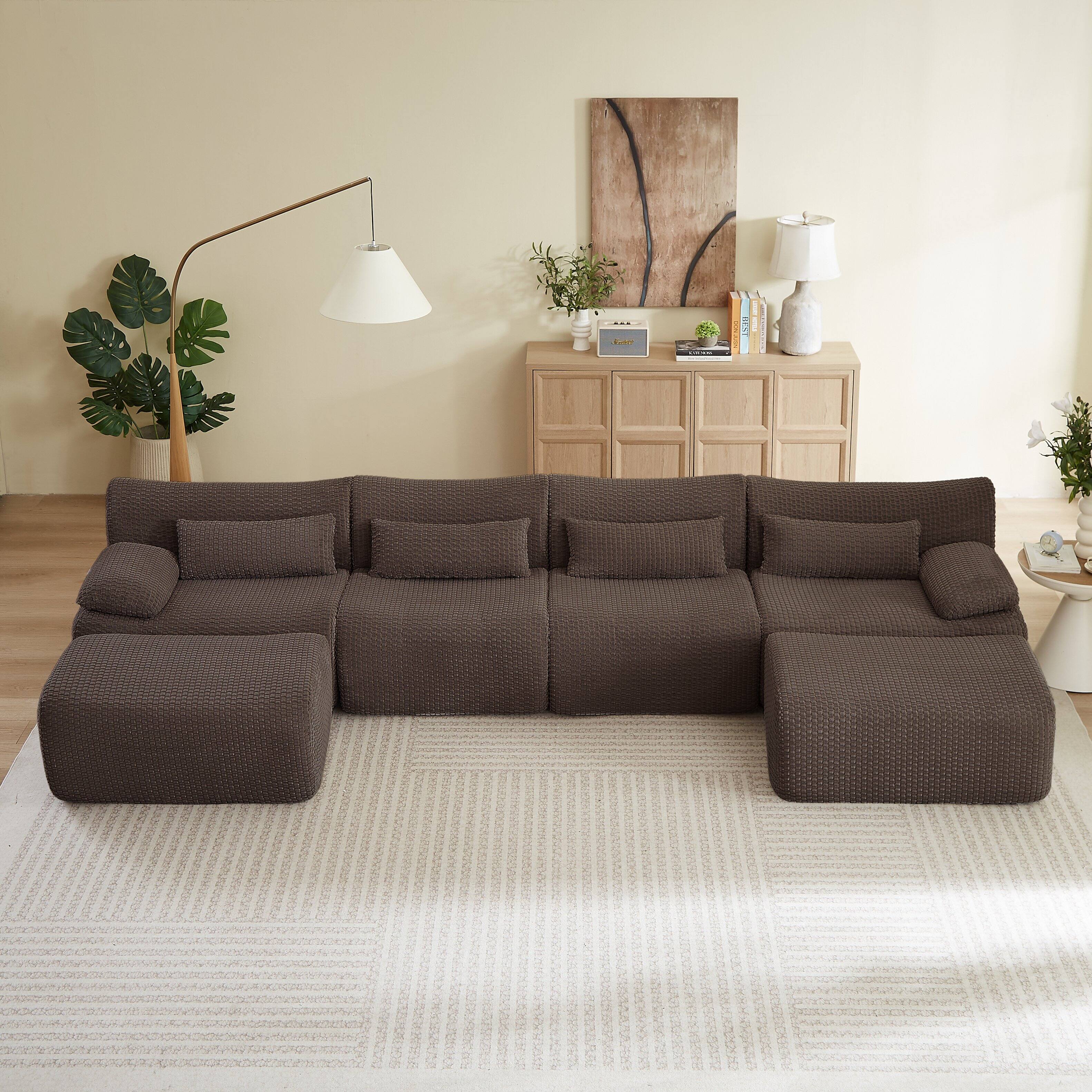 Angle. Anysun - 6 Seat U-Shape Convertible Sectional Couch with Ottoman, Cloud Comfort Corduroy Fabric Sofa for Living Room - Brown.