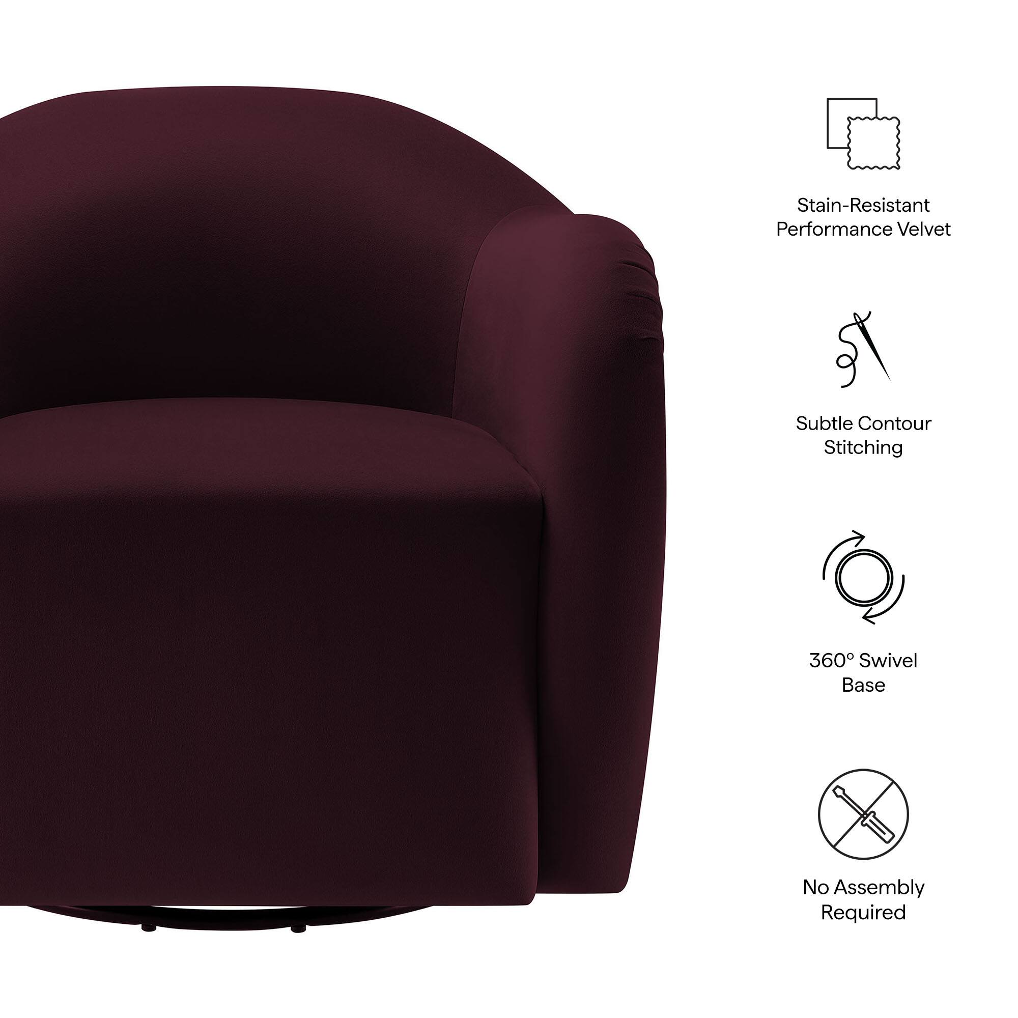 - Stain-Resistant Performance Velvet
- Subtle Contour Stitching
- 360° Swivel Base
- No Assembly Required