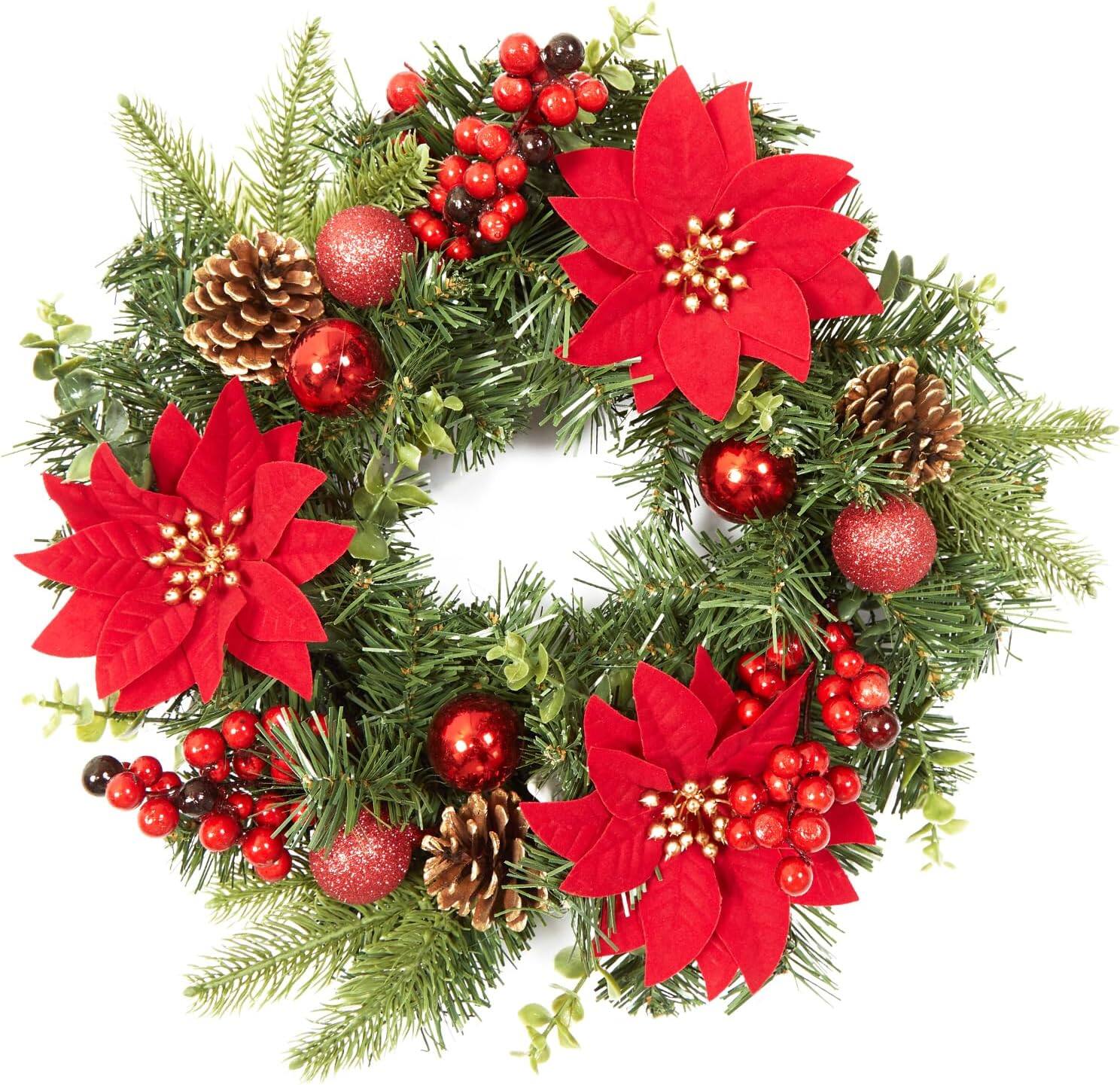 Front. GARVEE - 16-Inch Christmas Wreath for Front Door, Artificial Pine Garland with Baubles, Flowers, Berries & Pine Cones - Green.