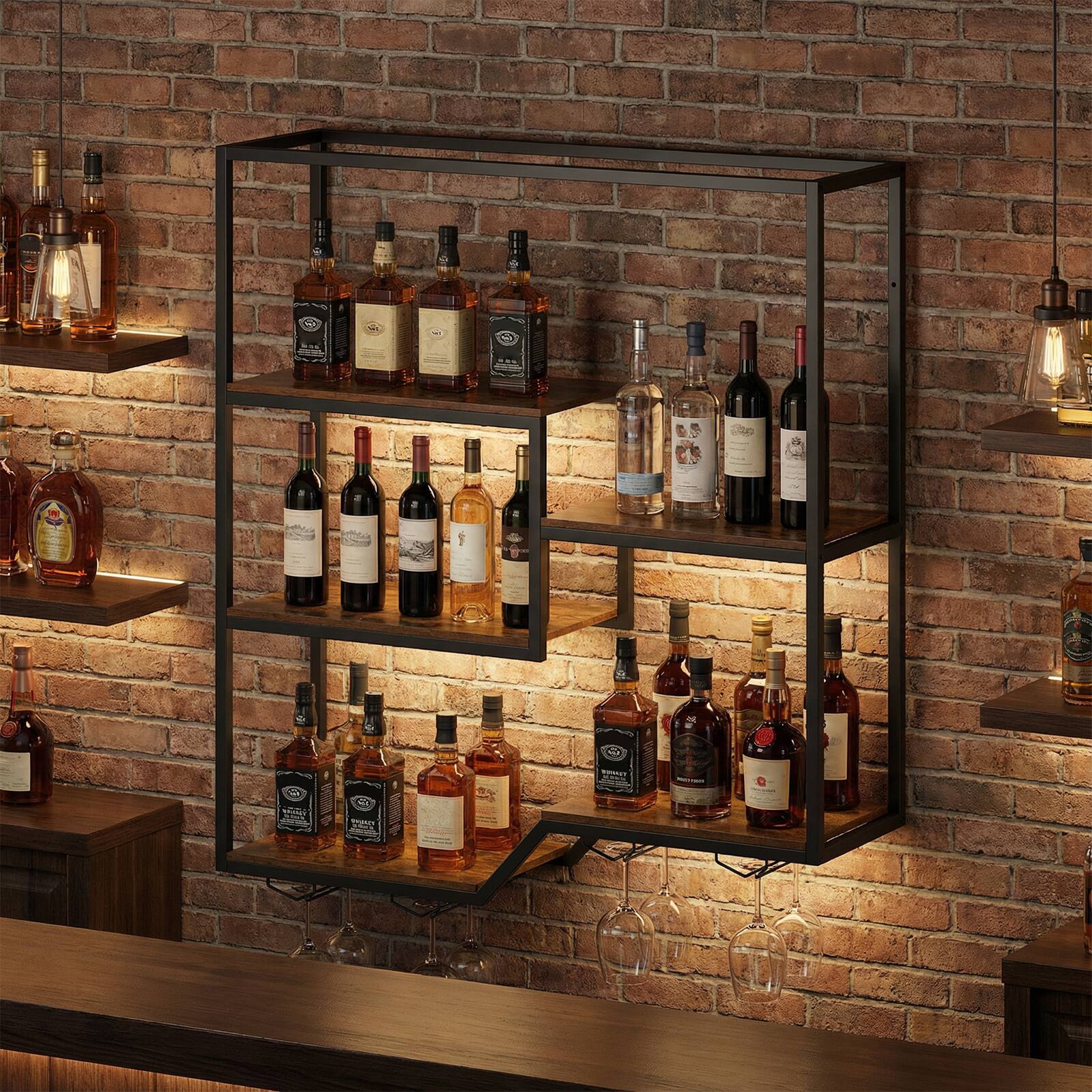 Alt View 5. Gymax - Gymax Wall Mounted Wine Rack 6-Tier Hanging Bar Shelf w/ Bottle Display Shelf - Brown.