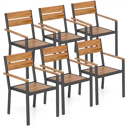 Front. Gymax - Gymax Patio Dining Chair set of 6 w/ Heavy-duty Metal Frame 6 Acacia Armrest Stackable Chairs - Brown, Black.