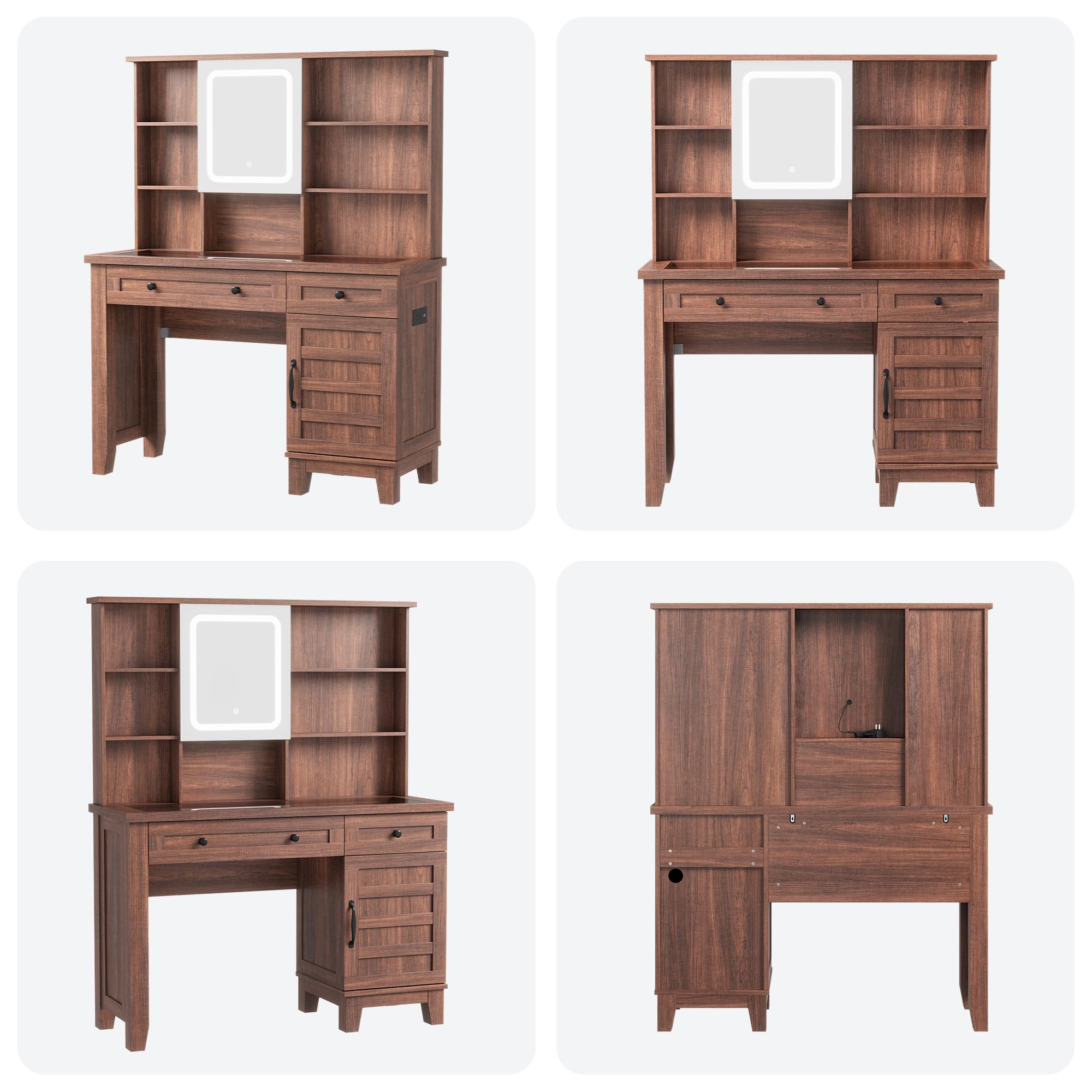 Alt View 4. Jojoka - Makeup Vanity Desk with Lighted Mirror & Power Outlet, Farmhouse Dressing Table with Glass Top, 2 Drawers & Stool - Brown.