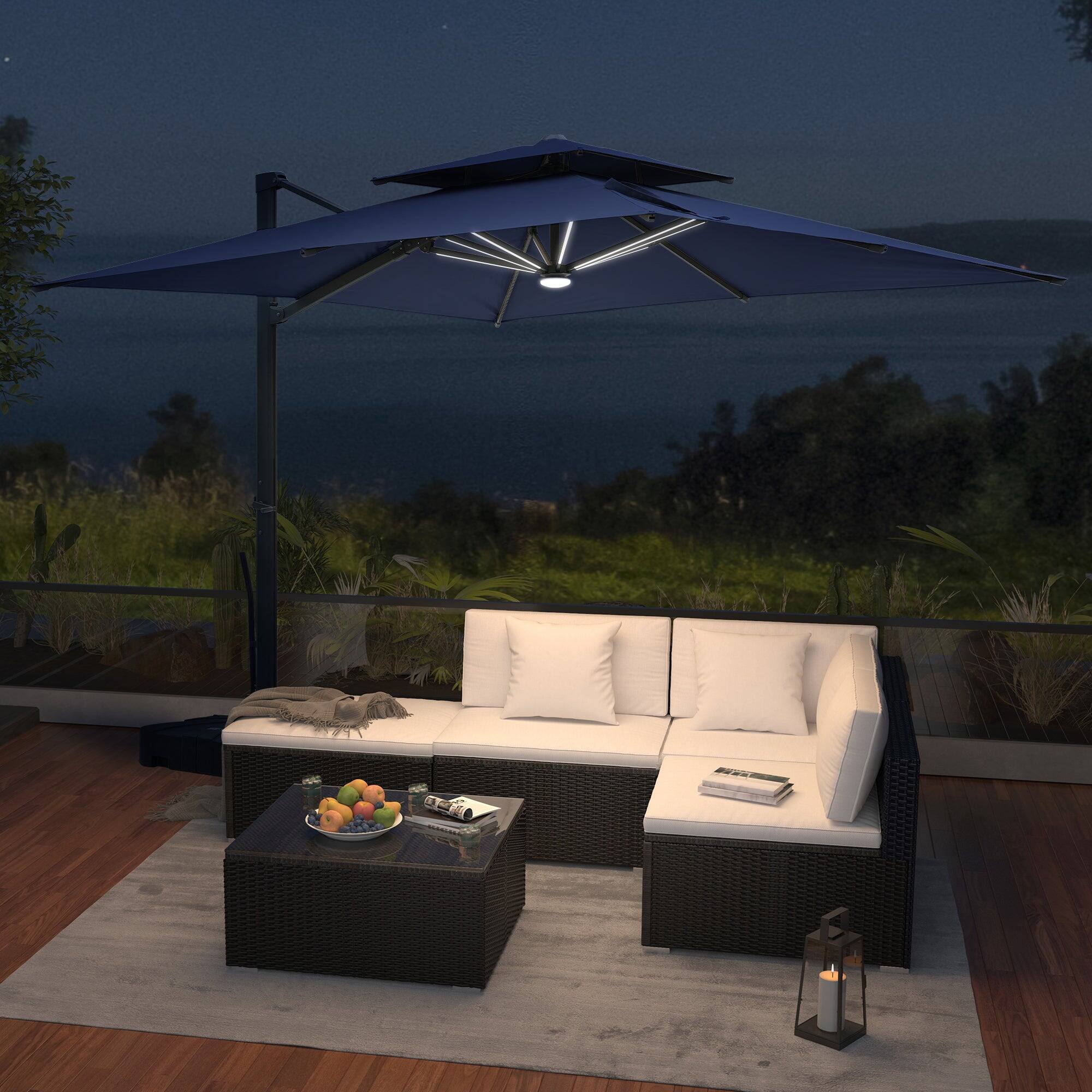 Left. Mondawe - 10x10ft Cantilever Patio Lighted Umbrella with 360° Rotation, DIY Drape Hook - Navy.