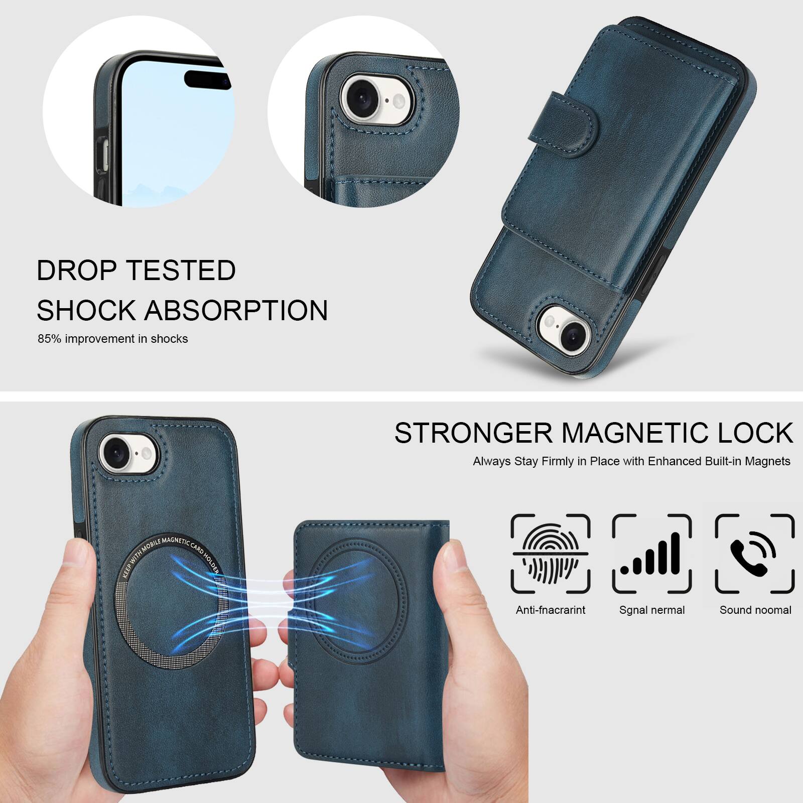 DROP TESTED SHOCK ABSORPTION  
85% improvement in shocks  

STRONGER MAGNETIC LOCK  
Always Stay Firmly in Place with Enhanced Built-in Magnets  

MOIS MAGNETIC CARD WITH I KEEP  
Anti-fnacrarint  
Signal normal  
Sound normal