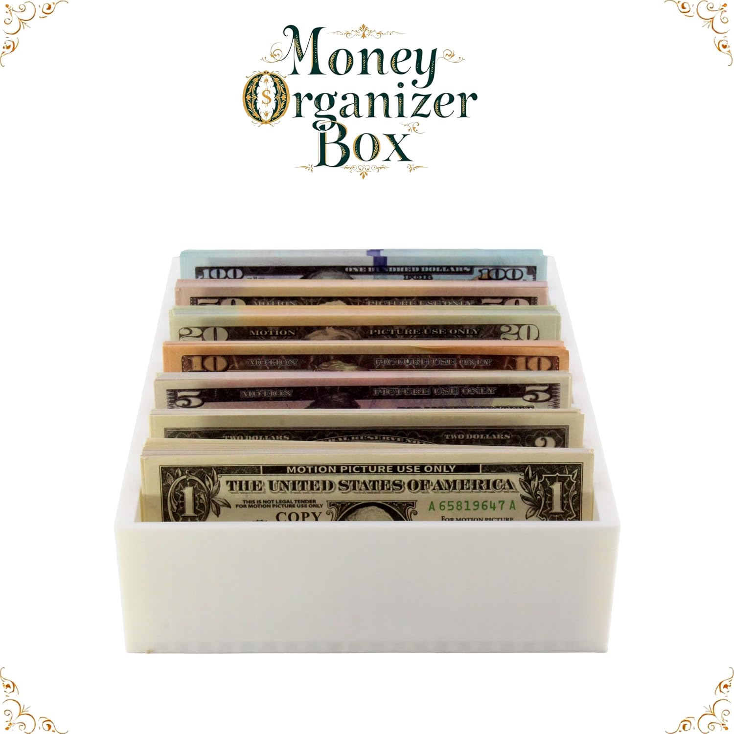 Money Organizer Box

100
ONE HUNDRED DOLLARS FOR 100
MOHONSWITZ
HALPH ESE ONLY

20 MOTION PICTURE USE ONLY 20
PICTURE USE ONLY 10
PICTURE USE ONLY 5

TWODOLLARS
TWO DOLLARS

MOTION PICTURE USE ONLY THE UNITED STATES OF AMERICA THIS IS NOT LEGAL TENDER FOR MOTION PICTURE USE ONLY A 65819647 COPY FOR MOTION PICTURE