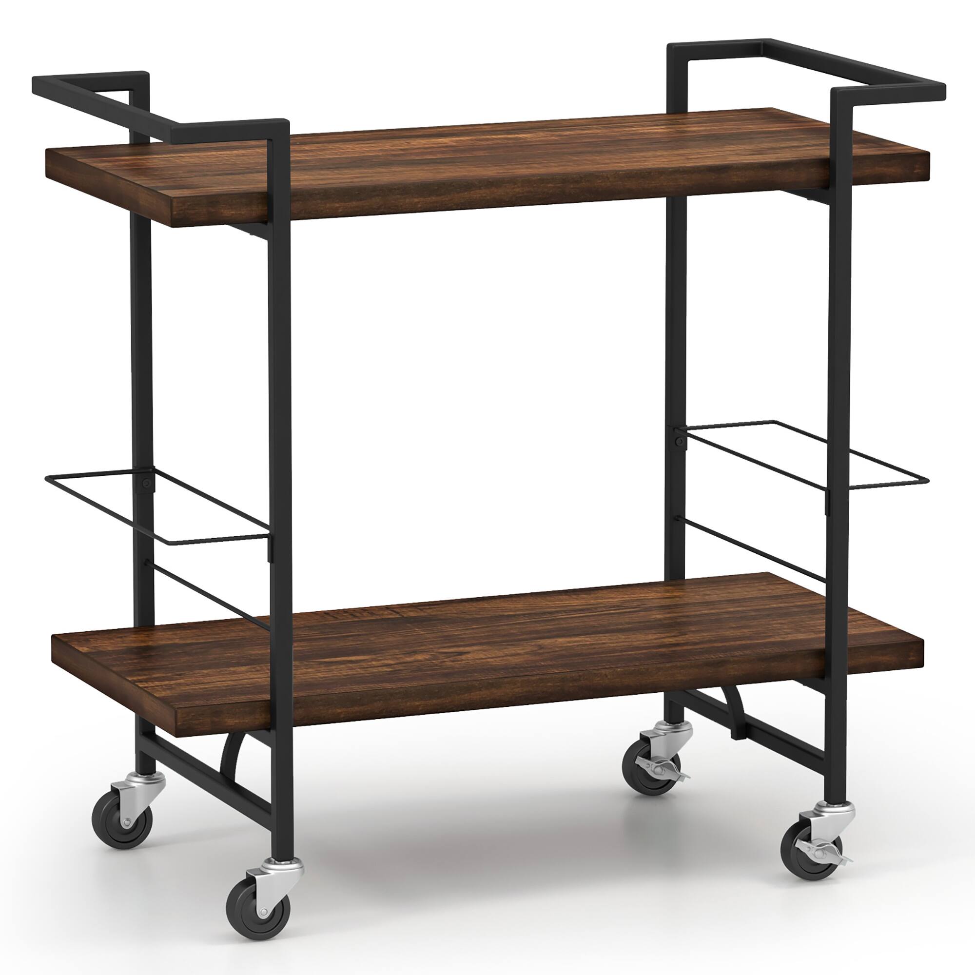 Alt View 9. Gymax - Gymax Home Bar Cart 2-tier Home Bar Cart w/ Lockable Wheels & Anti-fall Guardrail - Rustic Brown.
