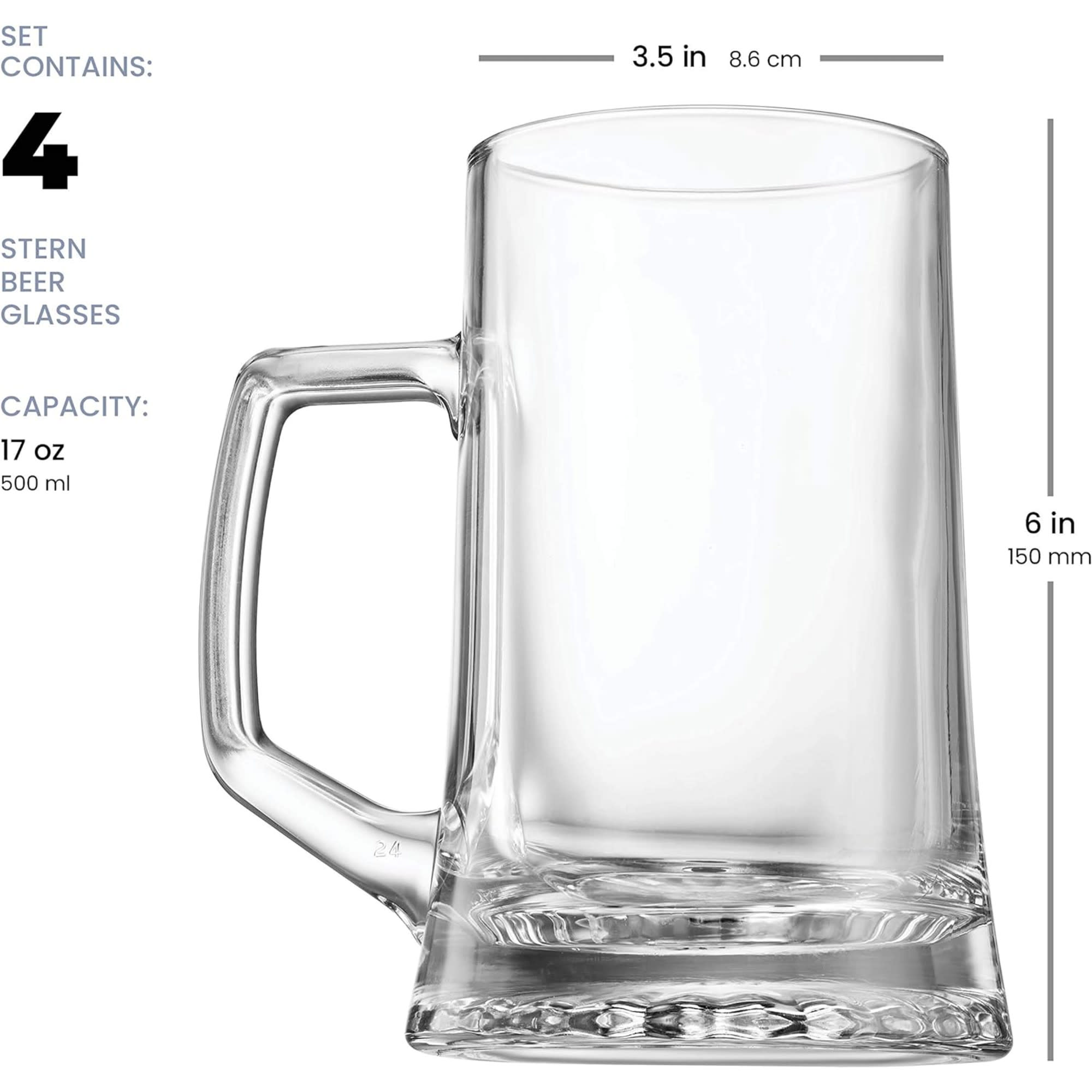 SET CONTAINS:  
4 STERN BEER GLASSES  
CAPACITY: 17 oz 500 ml  
3.5 in 8.6 cm  
6 in 150 mm