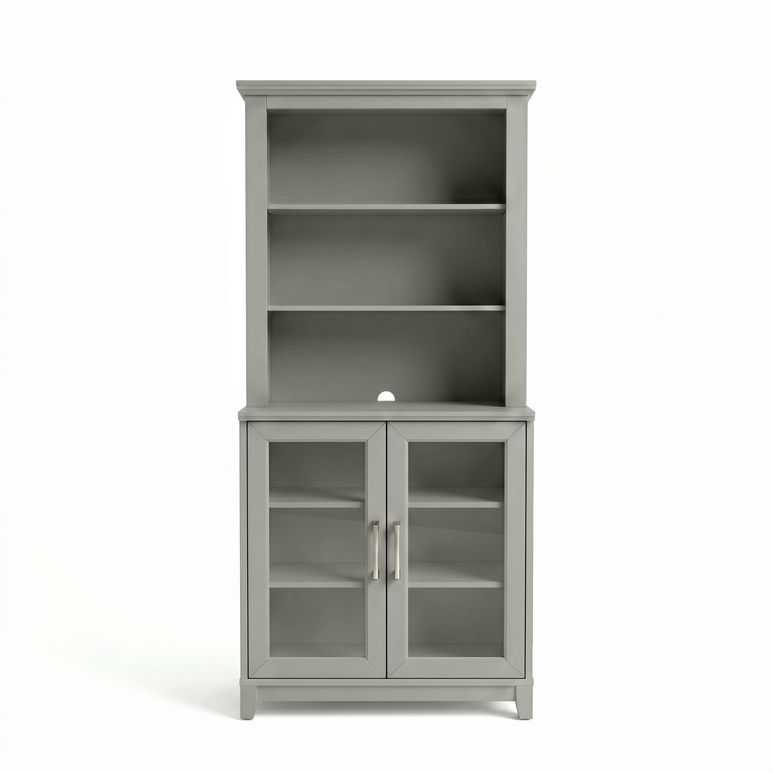 Alt View 1. Martha Stewart - Bedford 2-Piece Modular Wood Cabinet and Hutch Set, Premium Hardware, Open Top Shelves, Soft-Close Glass Doors - Bedford Gray/Brushed Stainless Steel Hardware.