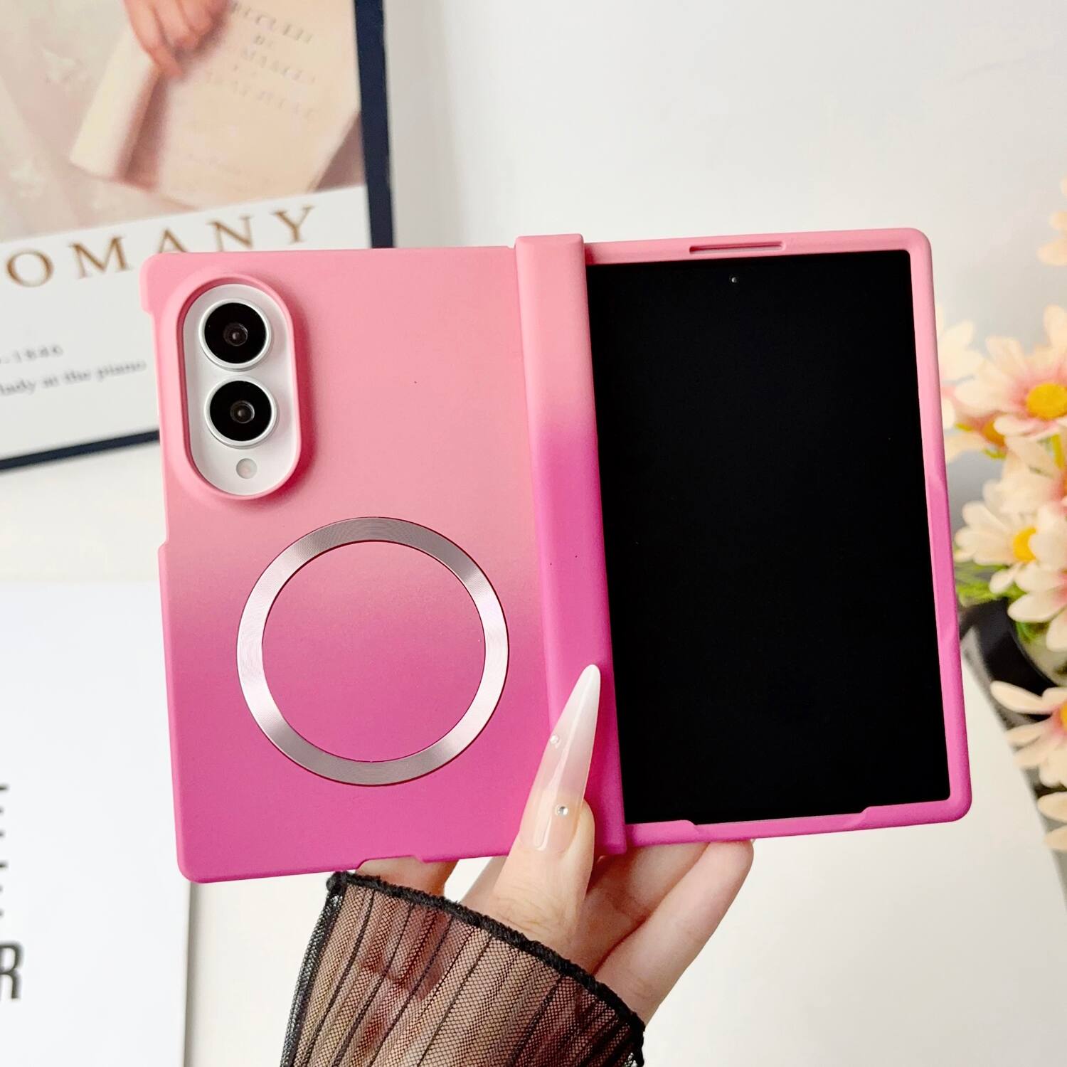 Dteck - for Samsung Galaxy Z Fold8 Matte Gradient Magnetic Case,Shockproof Slim Hard PC Hinge Back Cover,Qi Wireless Charging - Pink/Rose