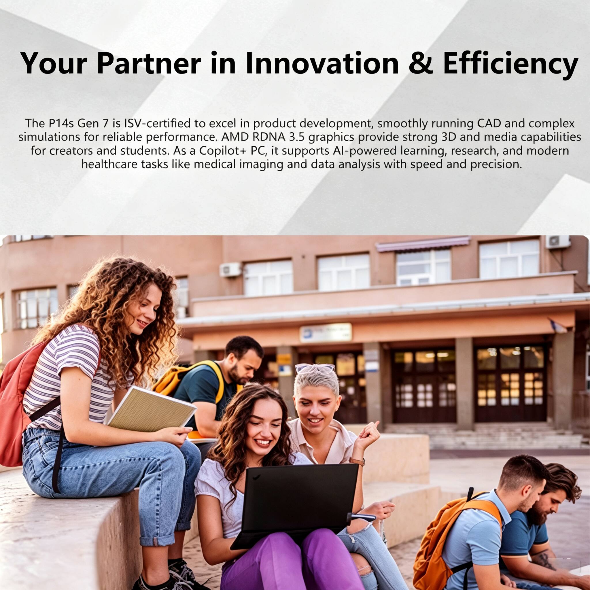 Your Partner in Innovation & Efficiency

The P14s Gen 7 is ISV-certified to excel in product development, smoothly running CAD and complex simulations for reliable performance. AMD RDNA 3.5 graphics provide strong 3D and media capabilities for creators and students. As a Copilot+ PC, it supports AI-powered learning, research, and modern healthcare tasks like medical imaging and data analysis with speed and precision.