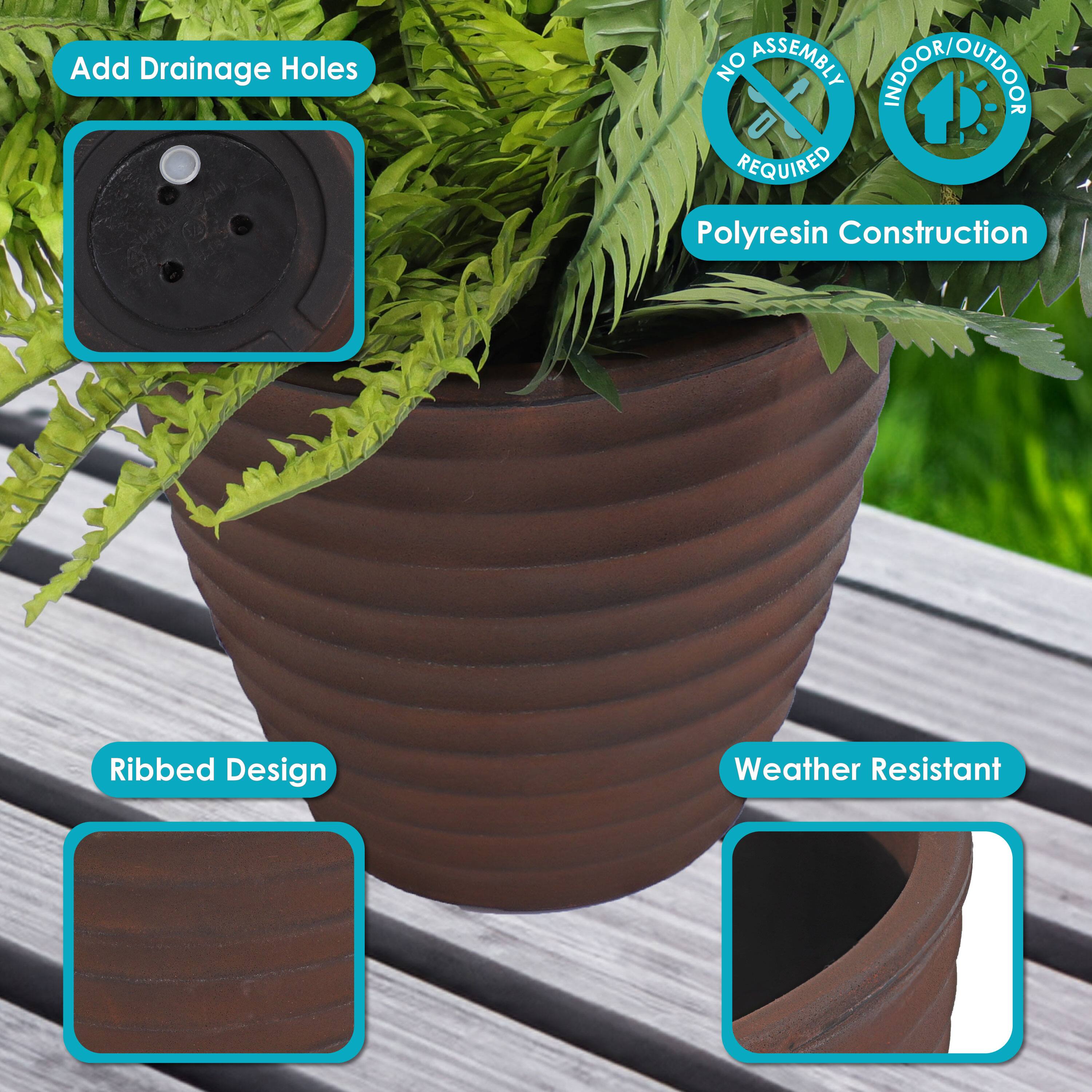 - Add Drainage Holes
- Polyresin Construction
- Ribbed Design
- Weather Resistant
- No Assembly Required
- Indoor/Outdoor