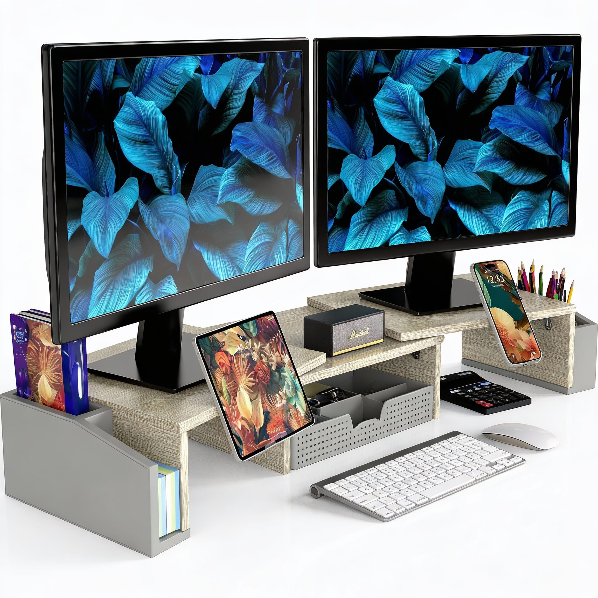 Frangdom - Dual Monitor Stand Riser with Drawer - Maple