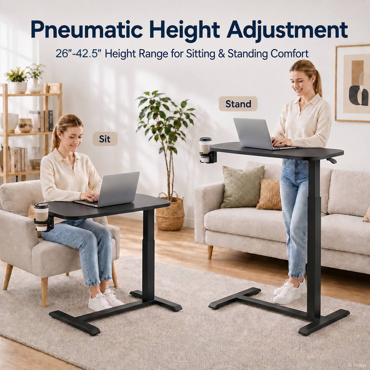 Pneumatic Height Adjustment  
26"-42.5" Height Range for Sitting & Standing Comfort  
Sit  
Stand