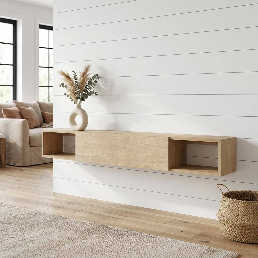Alt View 1. FurniFact - Modern Oak Wall-Mounted TV Stand for 75 Inch Flat Screen with Engineered Wood - Beige.