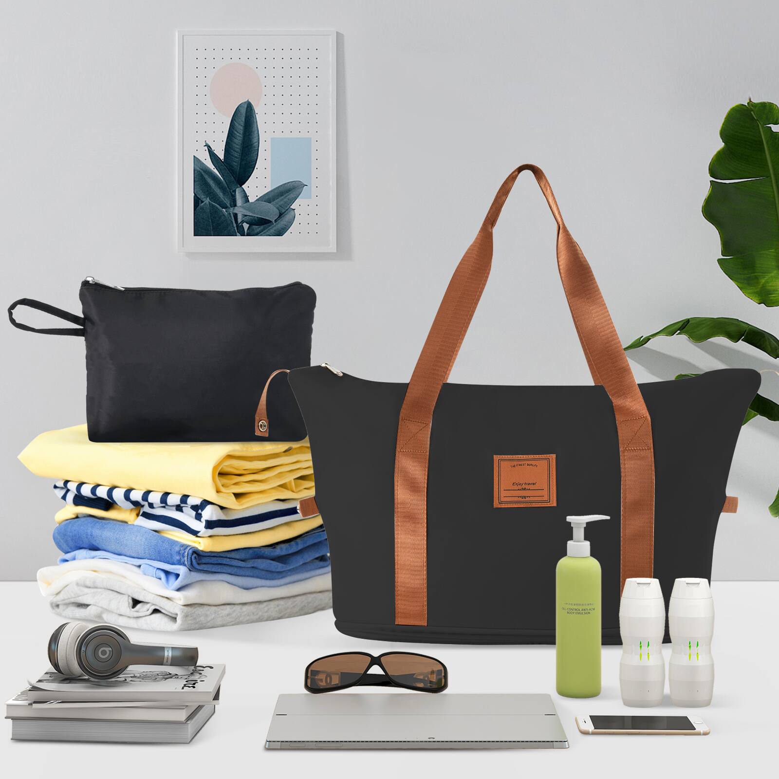 Alt View 1. Ecooso - 20 Inch Carry On Luggage 3 Piece Set Lightweight Hardshell ABS Suitcase with Spinner Wheels - Black Brown.