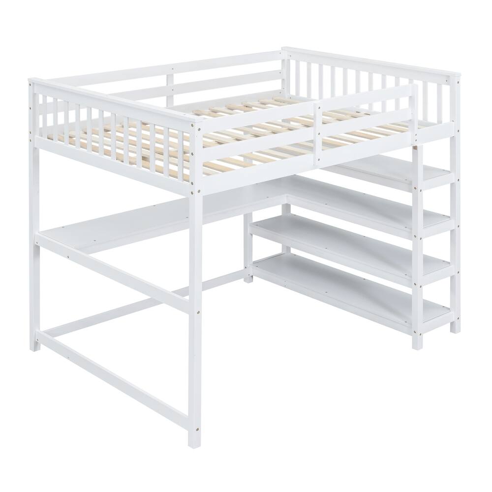 Alt View 7. Loheer - Loheer Full Size Loft Bed with Desk and Storage Shelves, White Solid Wood Space Saving Bed Frame - White.