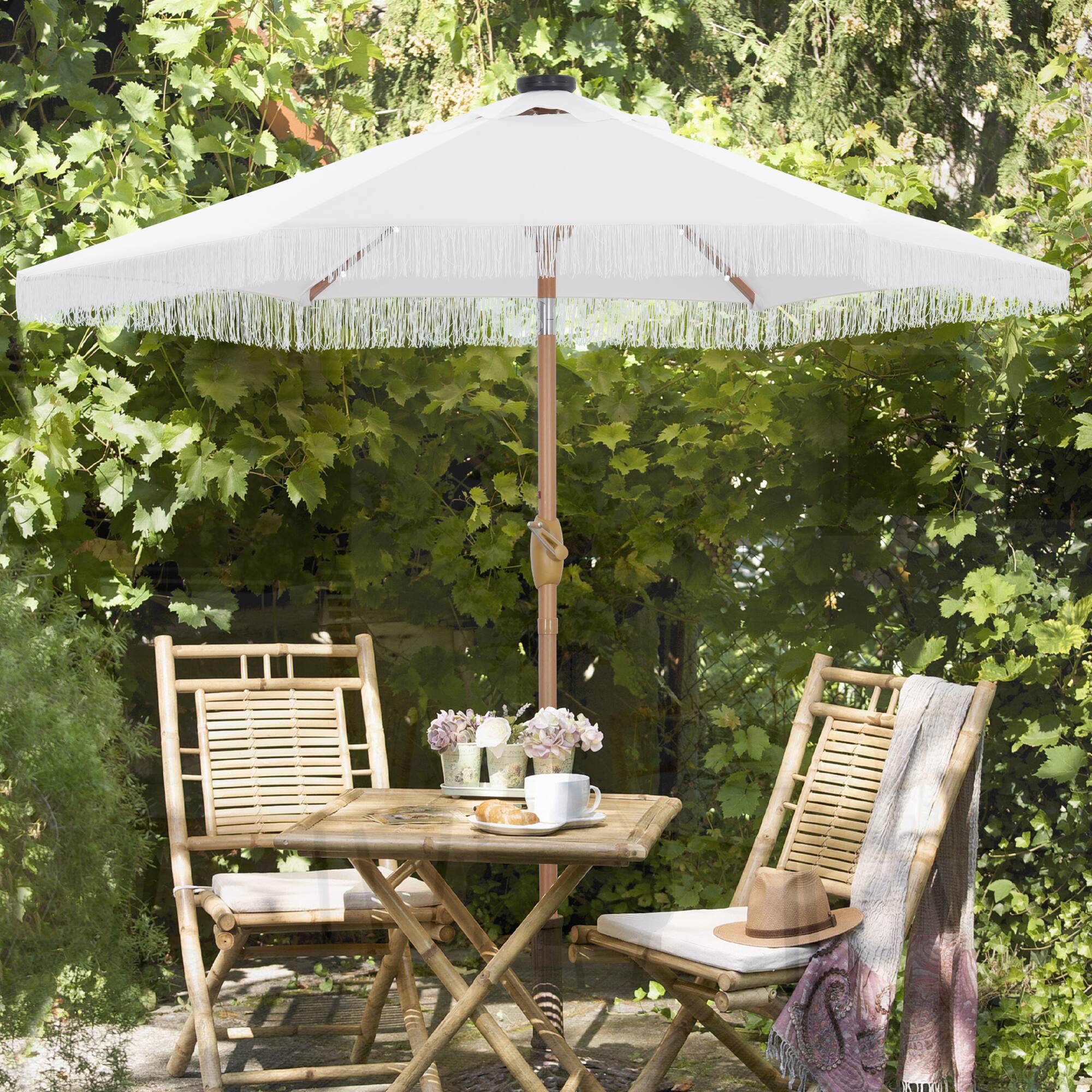 Back. Ainfox - Ainfox 7.5ft Patio Tassel Umbrella With Lights - White.