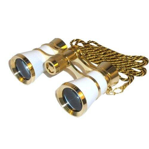 Left. HQRP - HQRP 3x25 Opera Glasses Theater Binoculars, White with Golden Trim, Crystal Clear Optics, Neck Chain, Central Focus.