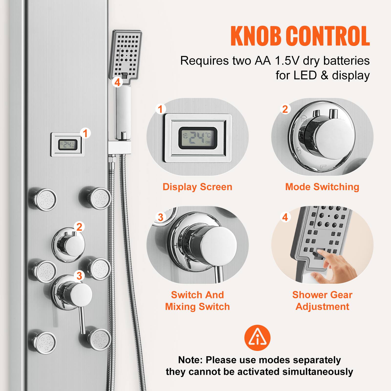 **KNOB CONTROL**

Requires two AA 1.5V dry batteries for LED & display

1. Display Screen
2. Mode Switching
3. Switch And Mixing Switch
4. Shower Gear Adjustment

Note: Please use modes separately they cannot be activated simultaneously