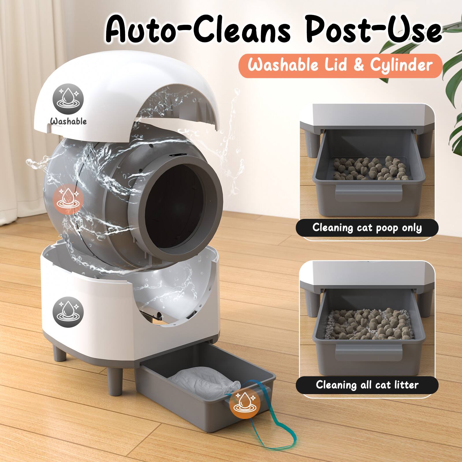 Auto-Cleans Post-Use  
Washable Lid & Cylinder  

Cleaning cat poop only  
Cleaning all cat litter