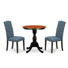 East West Furniture - 3-Piece Dining Room Table Set Consist of Dining Table and 2 Blue Linen Fabric Upholstered Chairs - Multi-Color