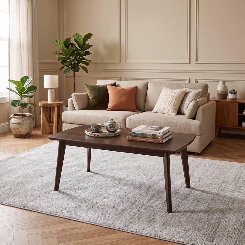 Front. WELLFOR - 34.5" Solid Wood Modern Coffee Table with Tapered Legs, Center Table Cocktail Tea Table for Living Room - Walnut.