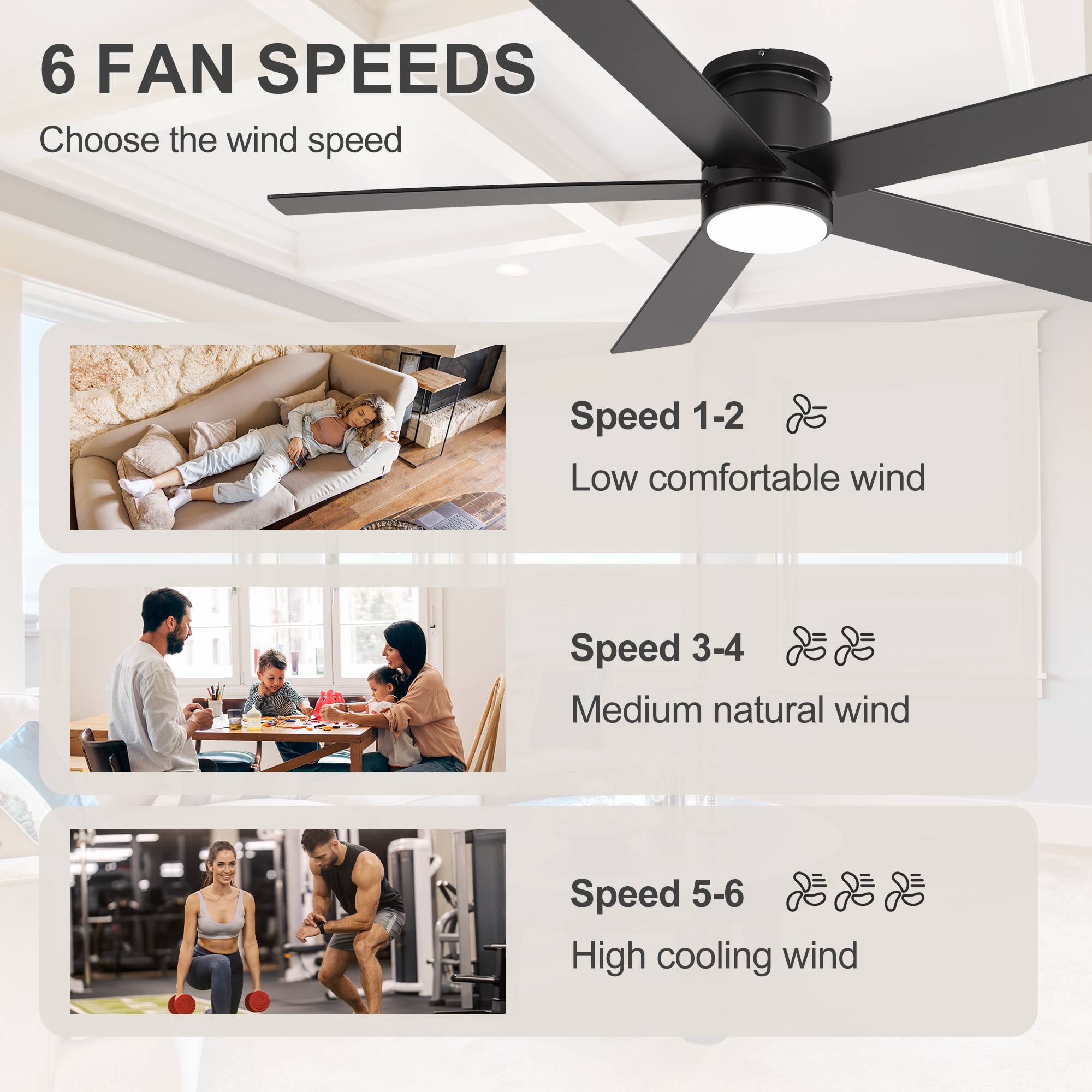 6 FAN SPEEDS  
Choose the wind speed

Speed 1-2  
Low comfortable wind

Speed 3-4  
Medium natural wind

Speed 5-6  
High cooling wind