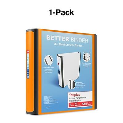 1-Pack  
BETTER BINDER  
Our Most Durable Binder  

Staples  
Lasting Performance, Flexible Spine  
2" x 540