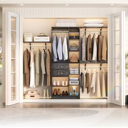 Aheaplus - Upgraded 96'' Closet System with 13 Storage Shelves, 8FT Open Wardrobe System with 2 Wooden Drawers & 4 Hanging Rods - Gray Oak