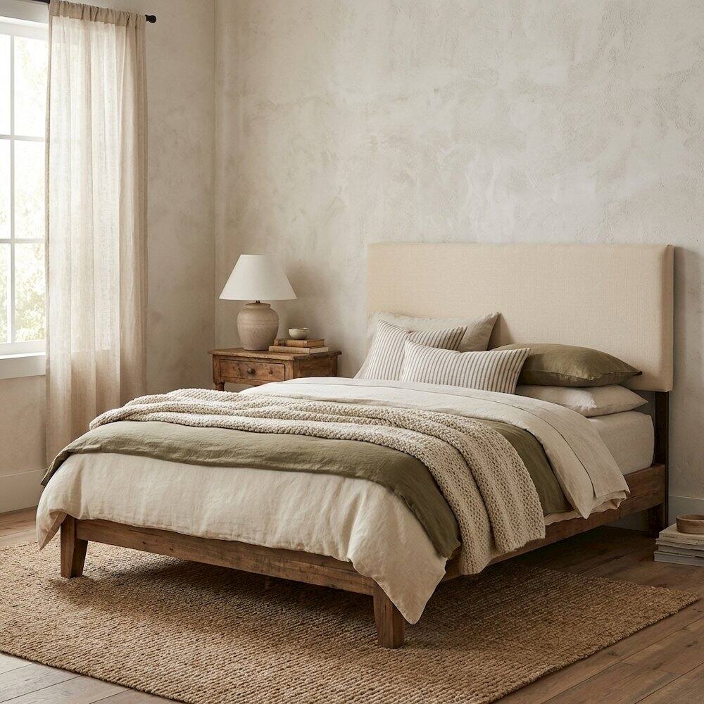 Angle. FurniFact - Upholstered Queen Headboard in Neutral Fabric, Durable Frame, Stylish Design - Beige.