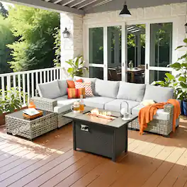 Ovios - 7 PCS Patio Sectional Furniture with 42" Fire Pit Table Rattan Wicker Coversation Couch Set - Gray