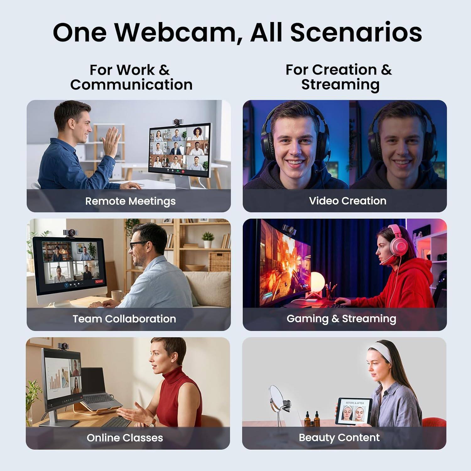 One Webcam, All Scenarios

For Work & Communication
- Remote Meetings
- Team Collaboration
- Online Classes

For Creation & Streaming
- Video Creation
- Gaming & Streaming
- Beauty Content