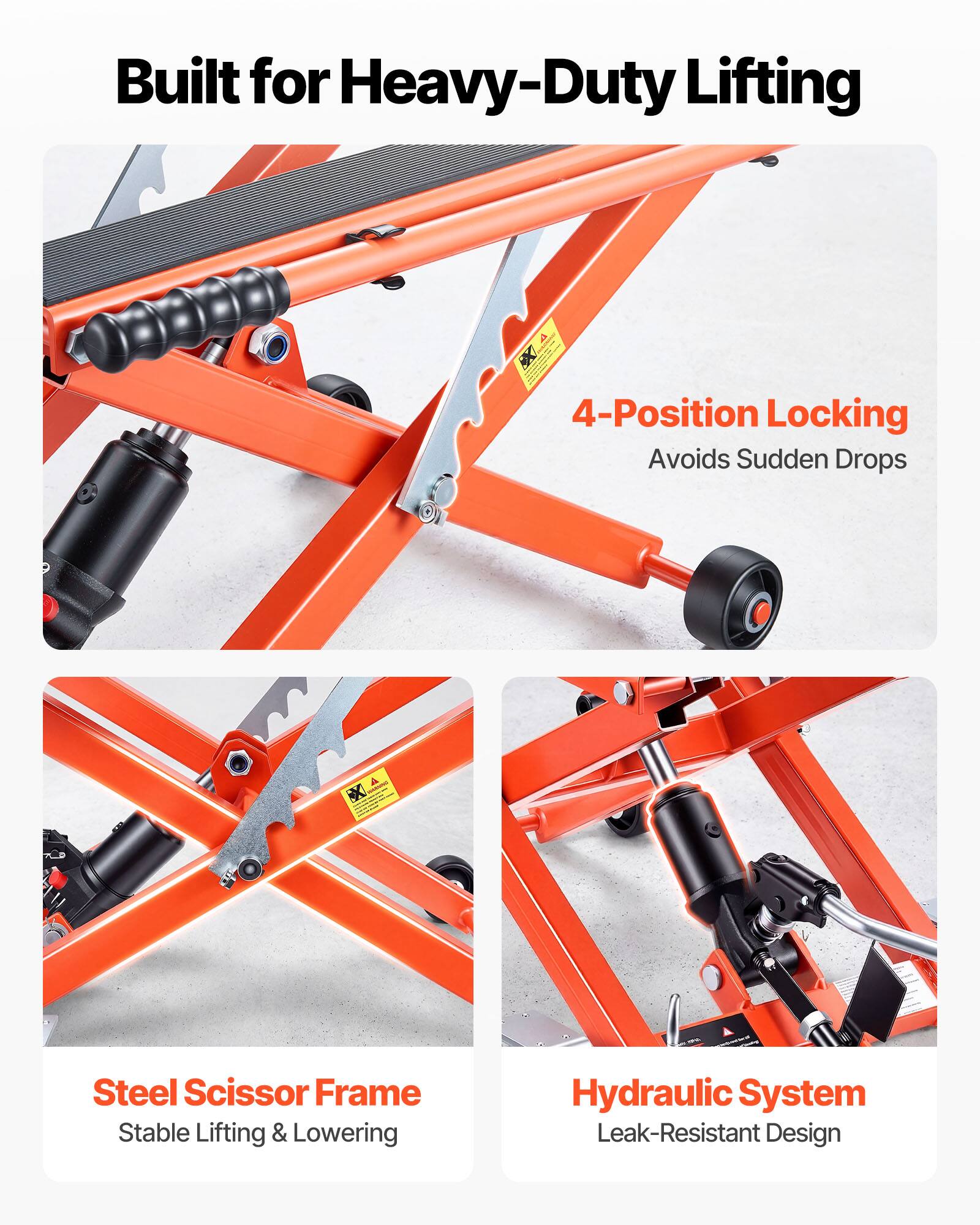 Built for Heavy-Duty Lifting

4-Position Locking
Avoids Sudden Drops

Steel Scissor Frame
Stable Lifting & Lowering

Hydraulic System
Leak-Resistant Design