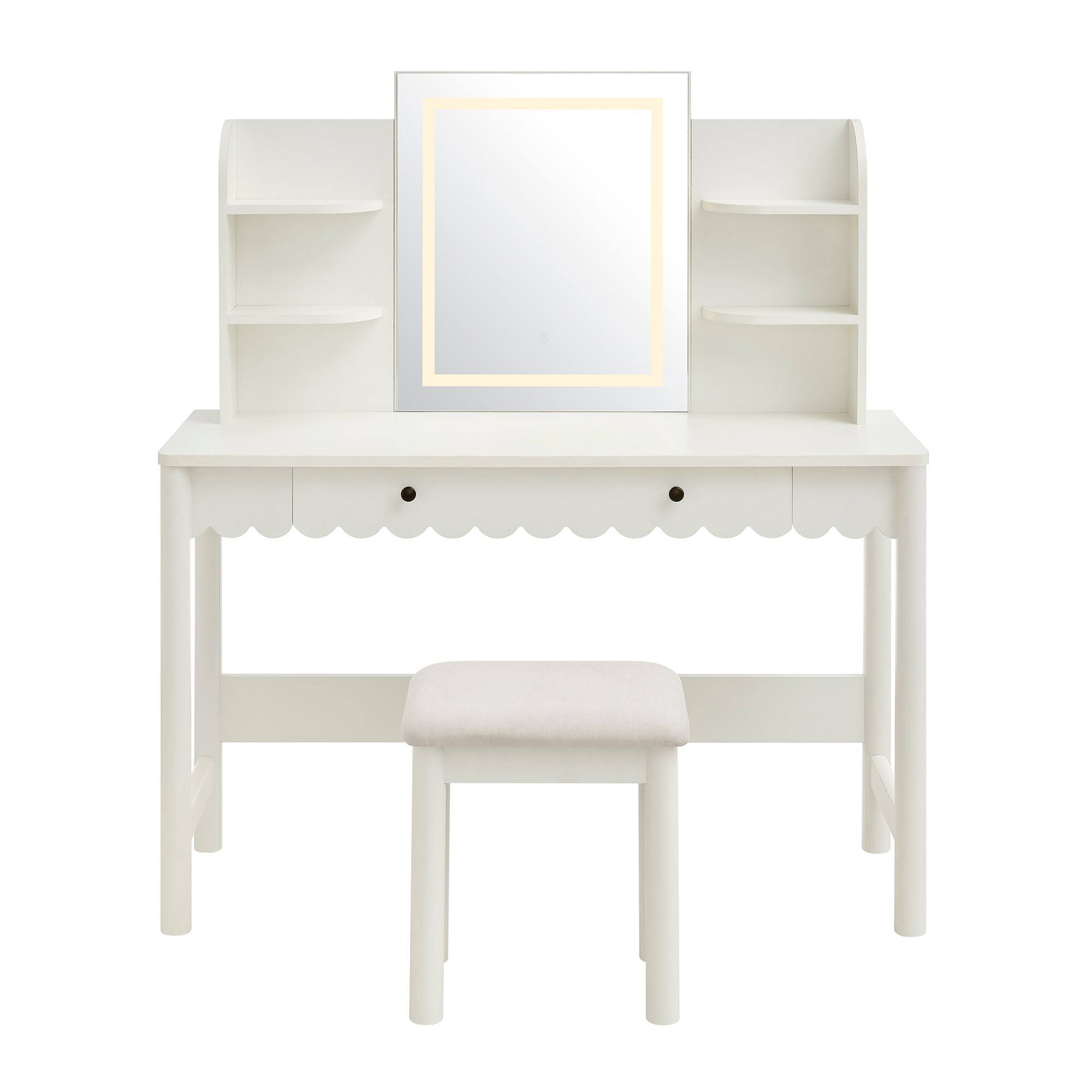 Alt View 2. Modway - Emmeline Scalloped Makeup Vanity Desk With LED Mirror and Stool by Modway - White Ivory.