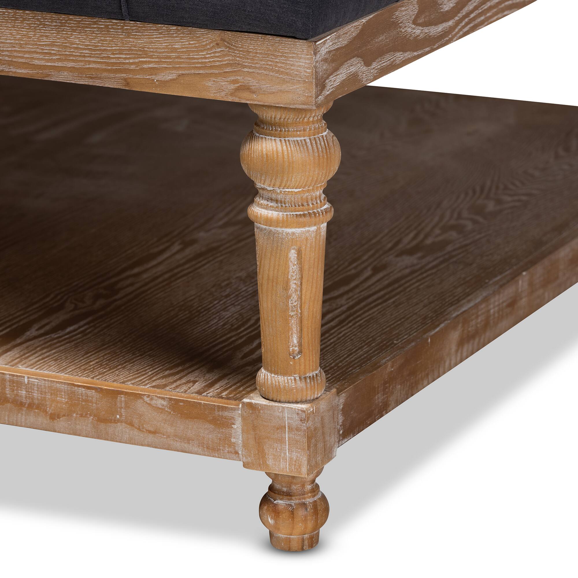 Back. Baxton Studio - Kelly Modern and Rustic Linen Fabric Upholstered and Greywashed Wood Cocktail Ottoman - Charcoal/Greywashed.