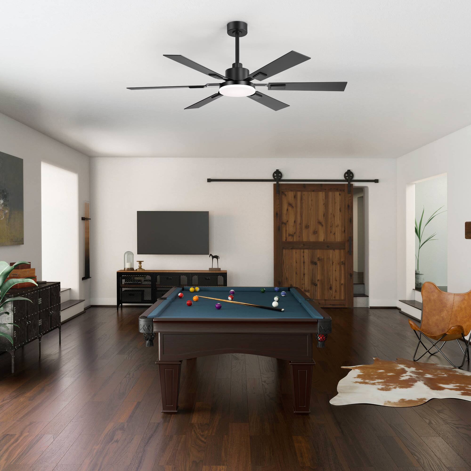 Back. Breezary - 60'' Ceiling Fan with 6 Dual-Finish Plywood Blades, 3-Color Light, 6-Speed DC Motor, Remote & Memory Function - Matte Black and Dark Wood Grain.