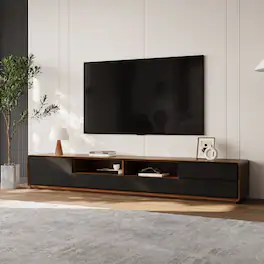 POVISON - 94" Fully-assembled Modern Wood Black TV Stand, Lowline Media Console with 4 Drawers, Open Storage Cabinet - Dark Wood & Black