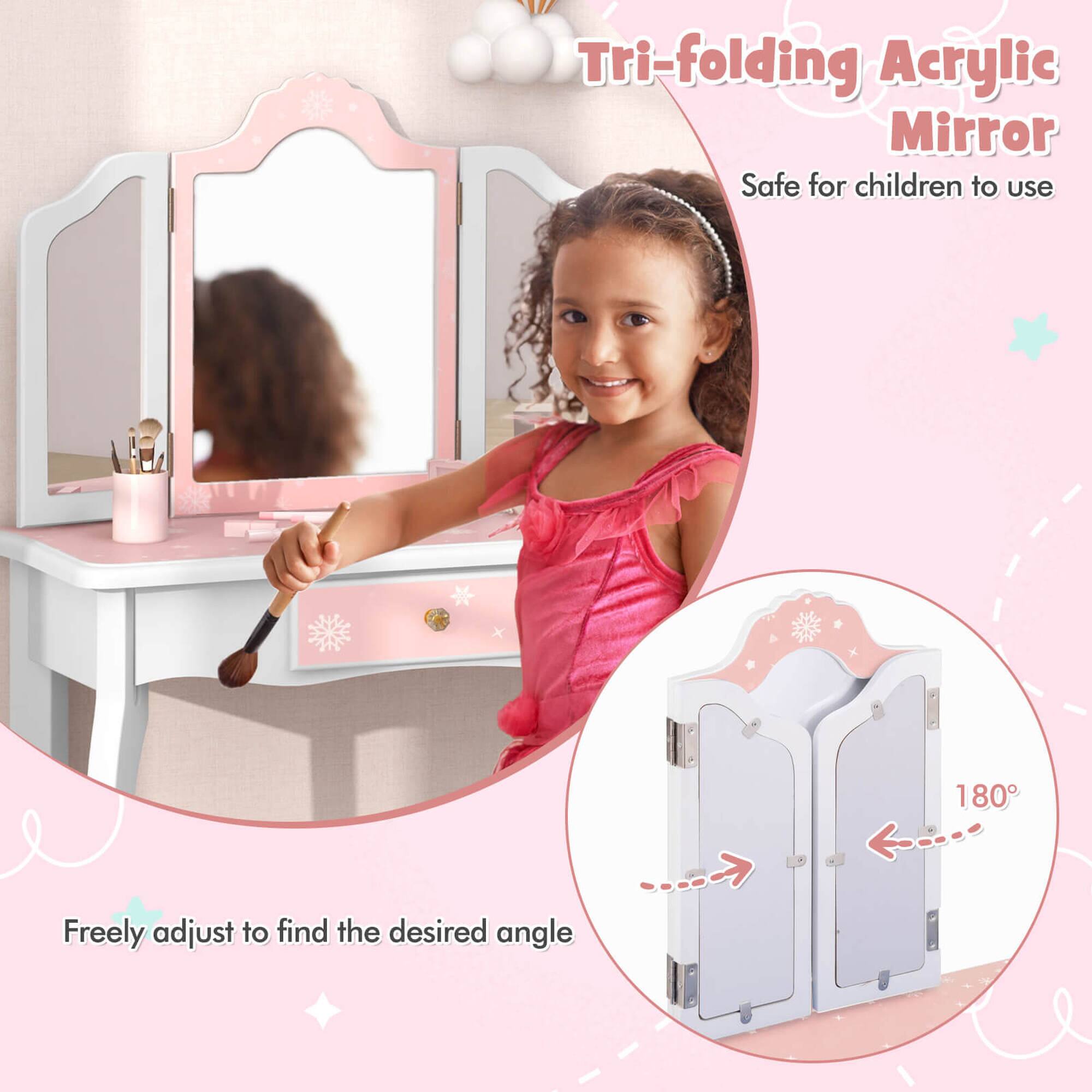 Tri-folding Acrylic Mirror  
Safe for children to use  
Freely adjust to find the desired angle  
180°