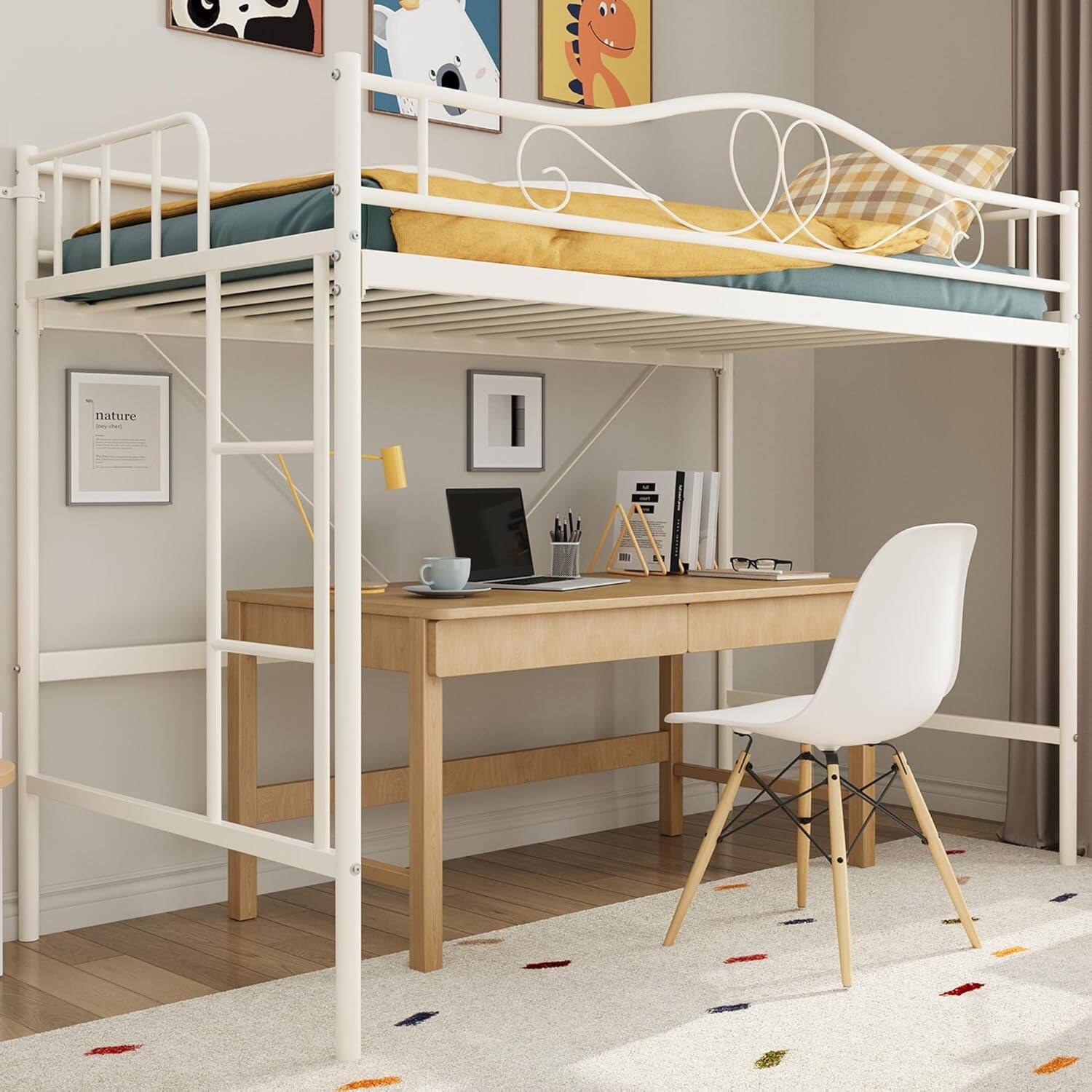 Front. GARVEE - Twin Metal Loft Bed with Ladder & Guardrail, Heavy Duty – Beige – Space-Saving Beige Loft Bed with Guardrail - Beige.