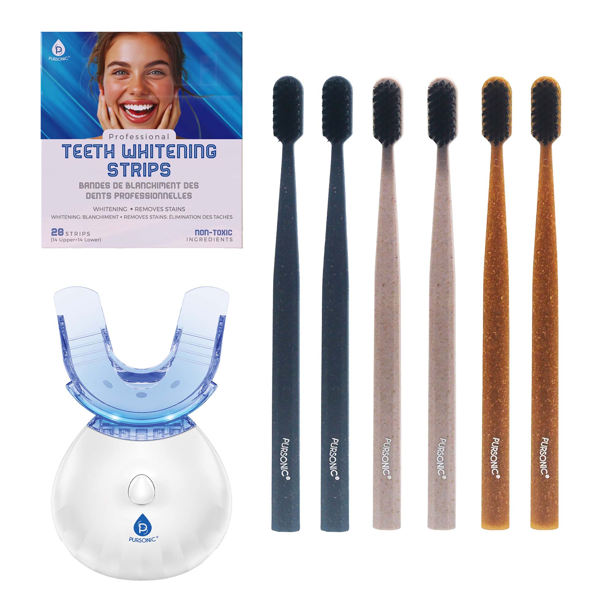 Professional Teeth Whitening Strips
BANDS DE BLANCHIMENT DES DENTS PROFESSIONNELLES
WHITENING • REMOVES STAINS
BLANCHIMENT • ÉLIMINATION DES TACHES
28 STRIPS (14 Upper / Lower)
non-TOXIC INGREDIENTS
PURSONIC