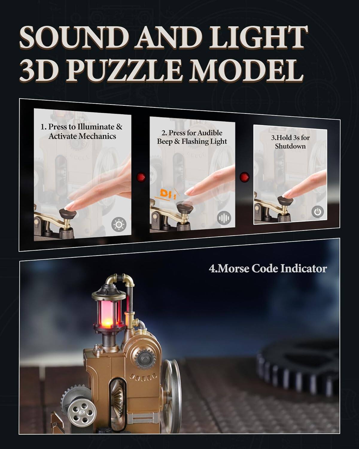 SOUND AND LIGHT 3D PUZZLE MODEL

1. Press to Illuminate & Activate Mechanics  
2. Press for Audible Beep & Flashing Light  
3. Hold 3s for Shutdown  
4. Morse Code Indicator