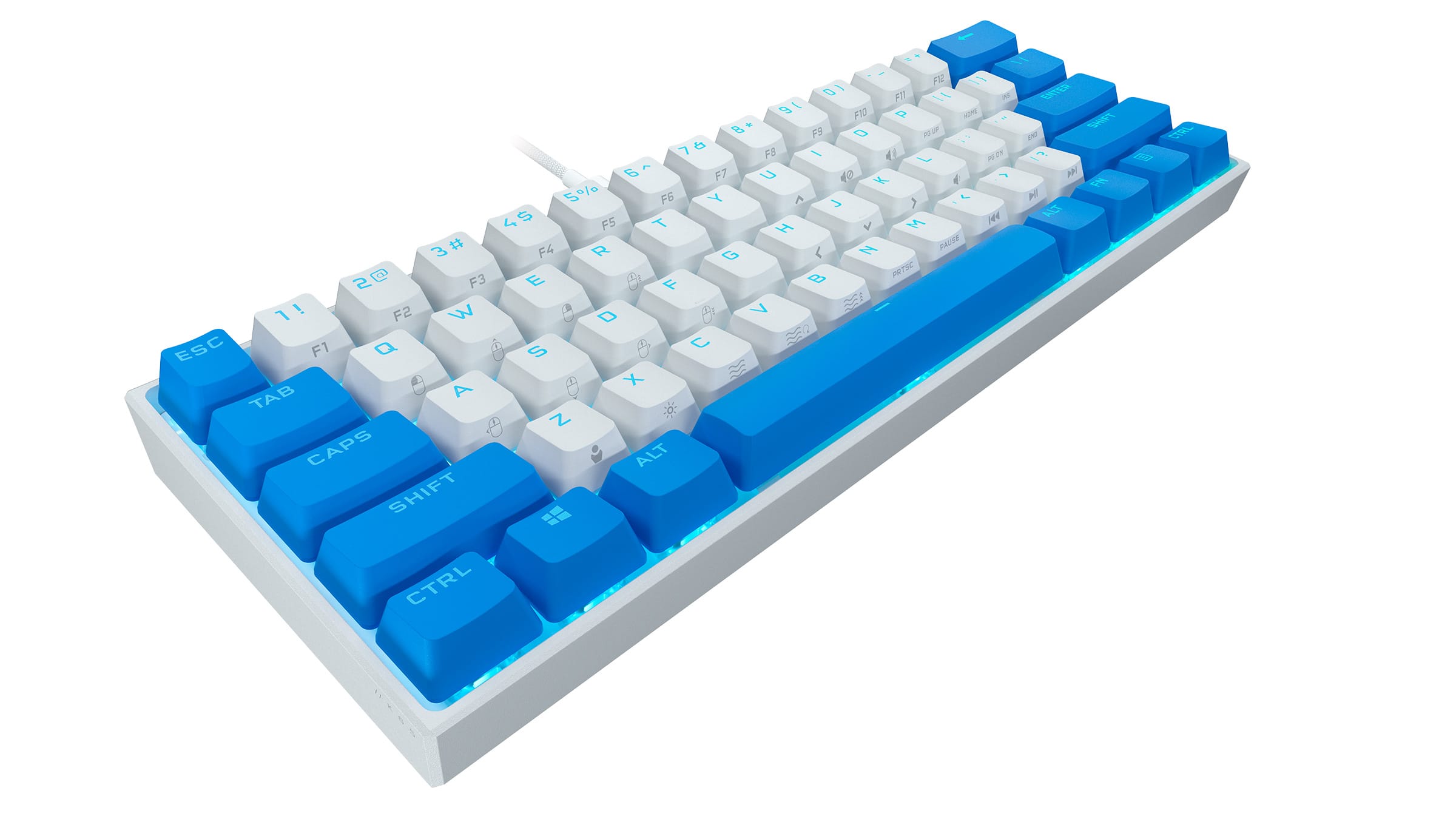 Angle. CORSAIR - K65 RGB Mini Wired 60% Mechanical Cherry MX SPEED Linear Switch Gaming Keyboard with PBT Double-Shot Keycaps - Flavor Rush Berry Wave.