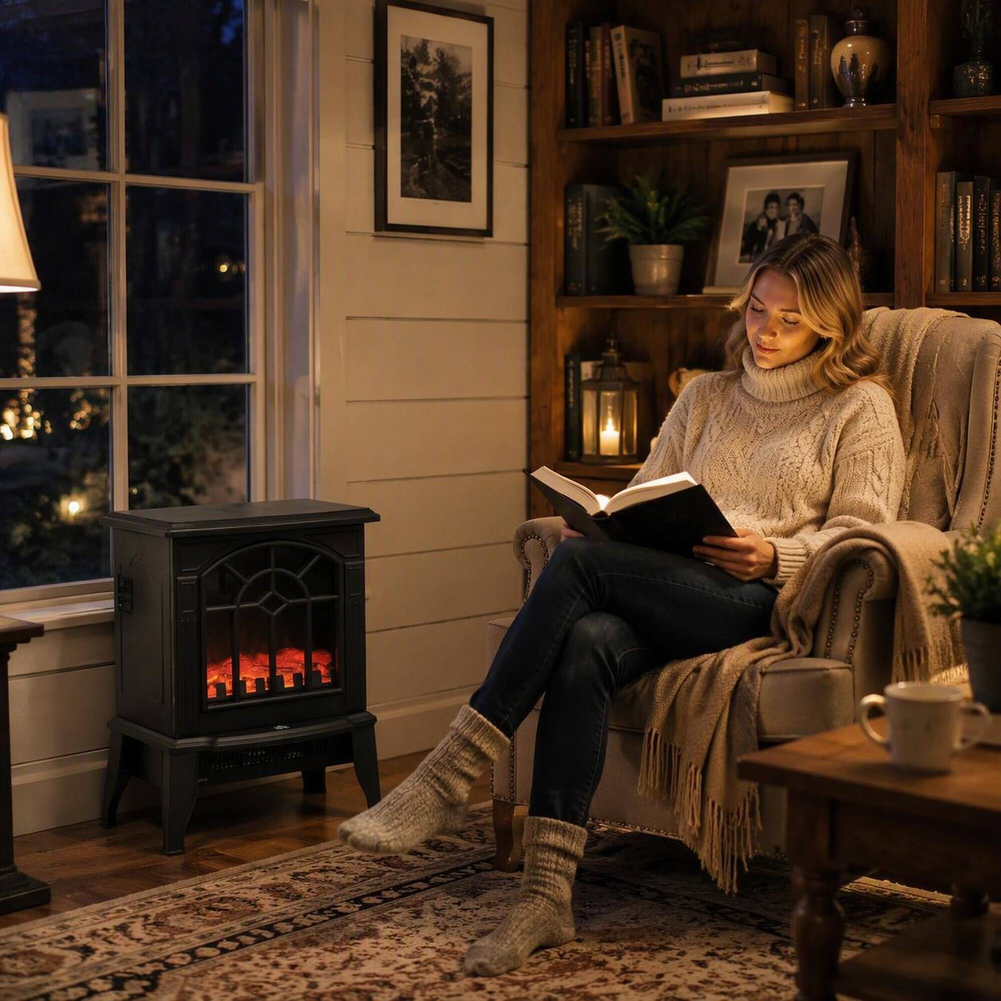 Left. RYHNUYNE - 18-Inch Freestanding Electric Fireplace Heater with Realistic Flame Effect, Dual Heat Settings (750W/1500W) - Black.