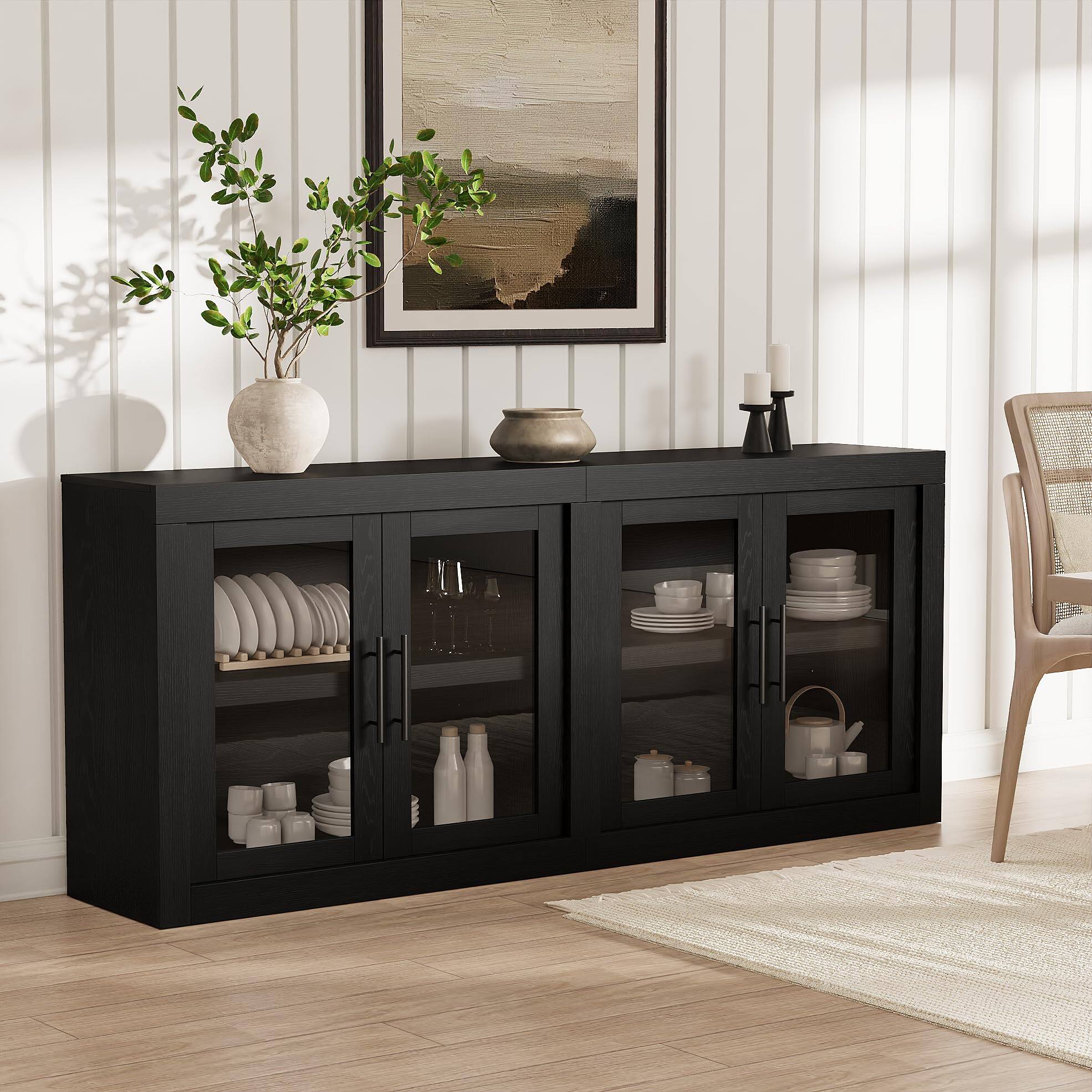 Acekool - 70.8" Sideboard Buffet Cabinet, Mid Century Modern Accent Cabinet with 4 Doors, Wood Coffee Bar Media Console Credenza - Black