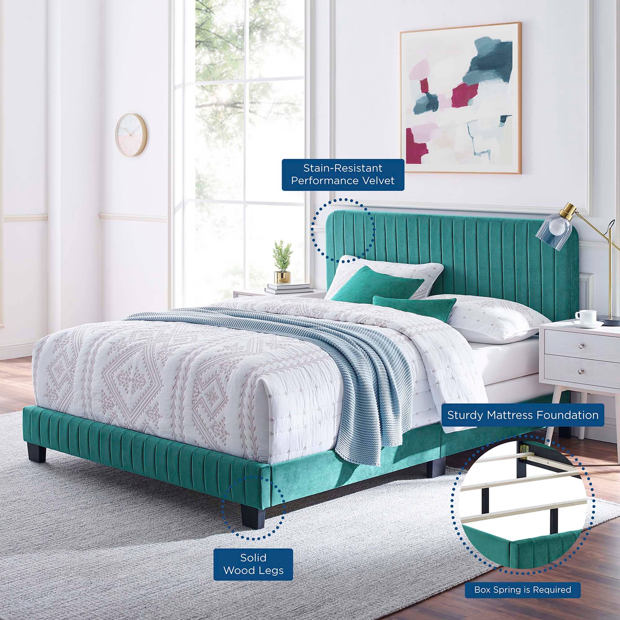 - Stain-Resistant Performance Velvet
- Sturdy Mattress Foundation
- Solid Wood Legs
- Box Spring is Required