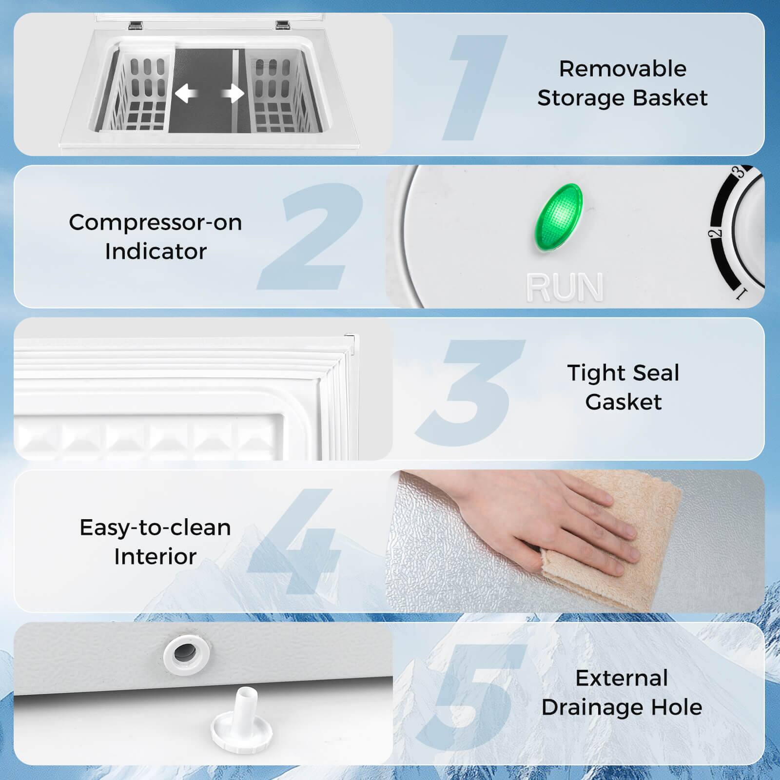 1. Removable Storage Basket  
2. Compressor-on Indicator  
3. Tight Seal Gasket  
4. Easy-to-clean Interior  
5. External Drainage Hole